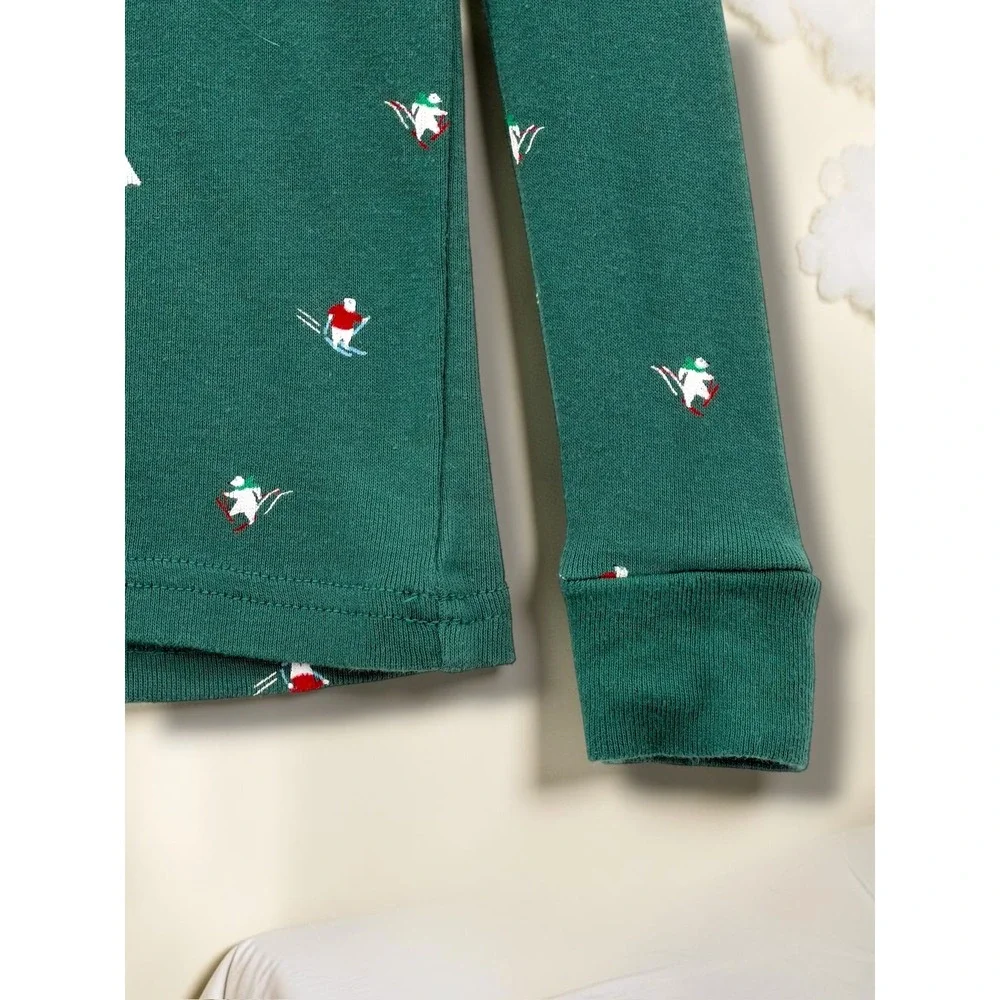 Kids Winter Skier Mountain Print Forest Green Pajama Set Loungewear